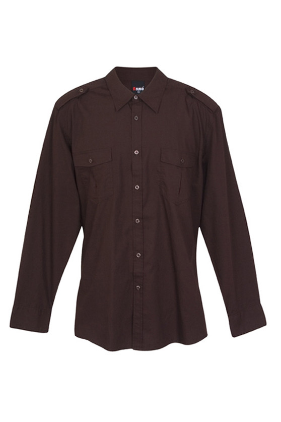 Chocolate brown military shirt with long sleeves, dual chest pockets and button-front closure