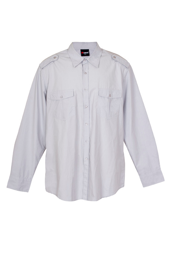 Light grey military shirt with long sleeves, dual chest pockets and shoulder epaulettes
