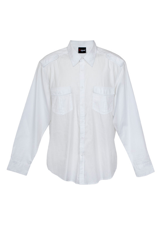 White long sleeve military shirt with dual chest pockets and button-down collar
