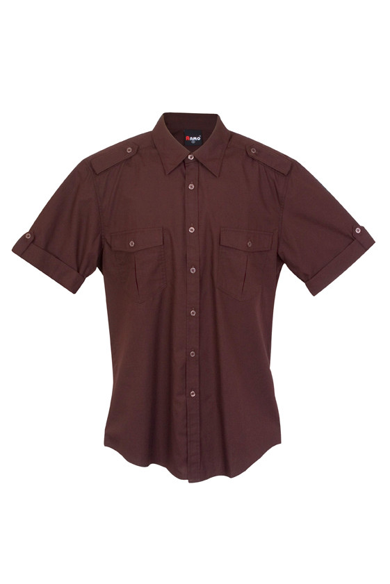 Burgundy men's short sleeve military shirt with epaulettes, twin chest pockets, and button-through front