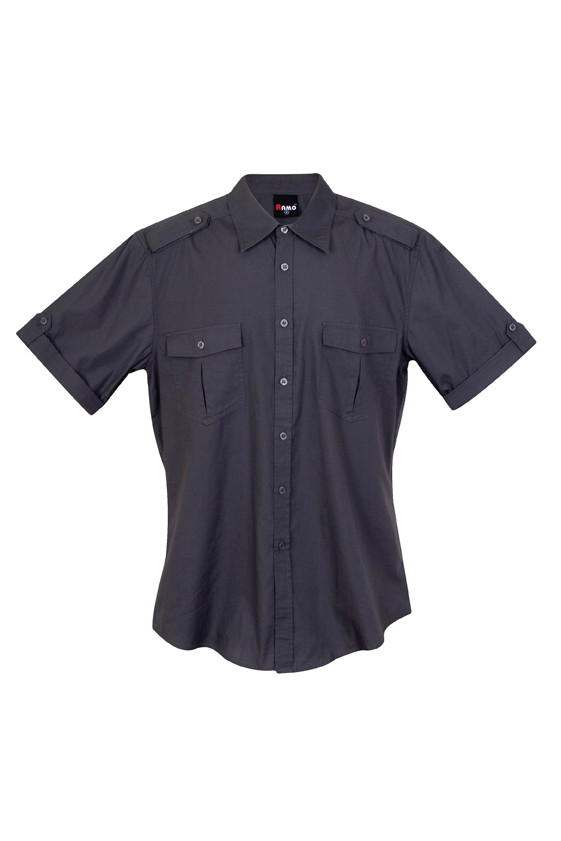 Charcoal short sleeve military shirt with epaulettes, twin chest pockets, and button-through front
