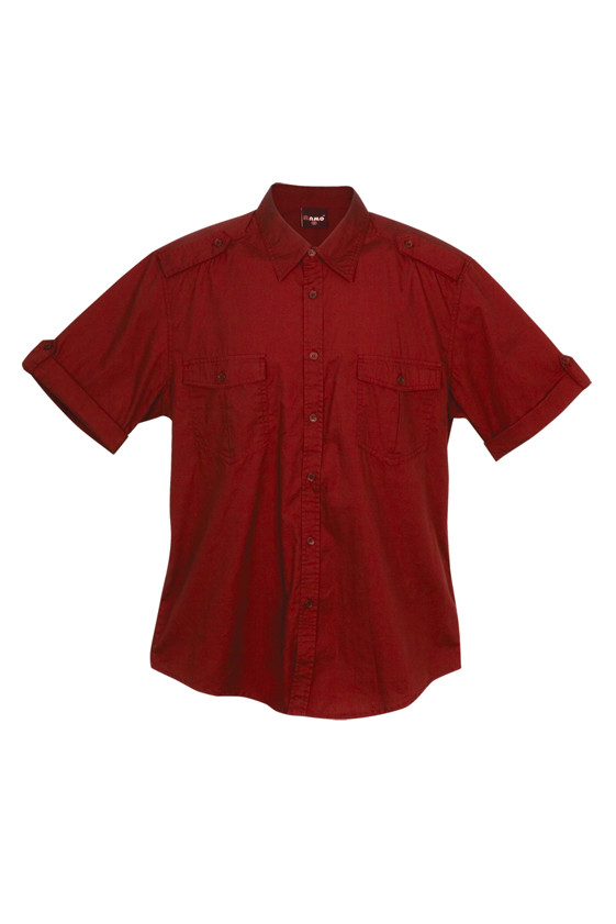 Deep burgundy short sleeve military shirt with button-down collar and dual chest pockets