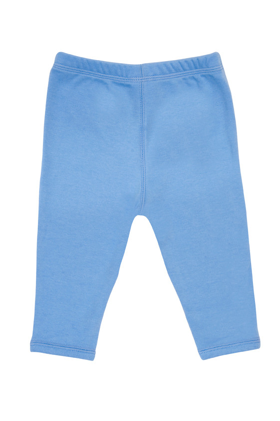 Cornflower blue children's organic cotton stretch pants with elasticated waistband, flat lay packshot