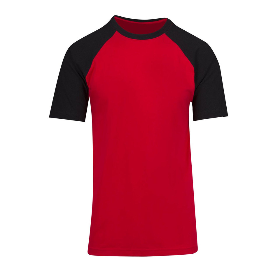 Red raglan tee with contrasting black sleeves and neckline trim