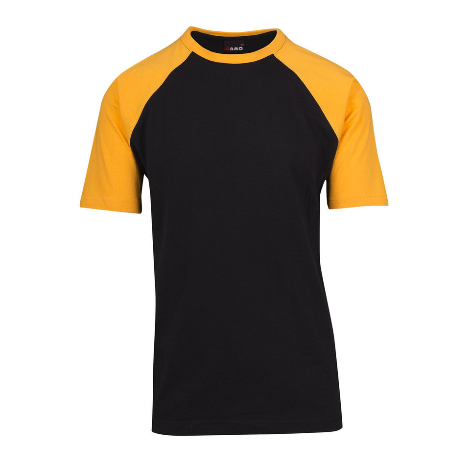 Black raglan t-shirt with gold sleeves and contrasting crew neck trim