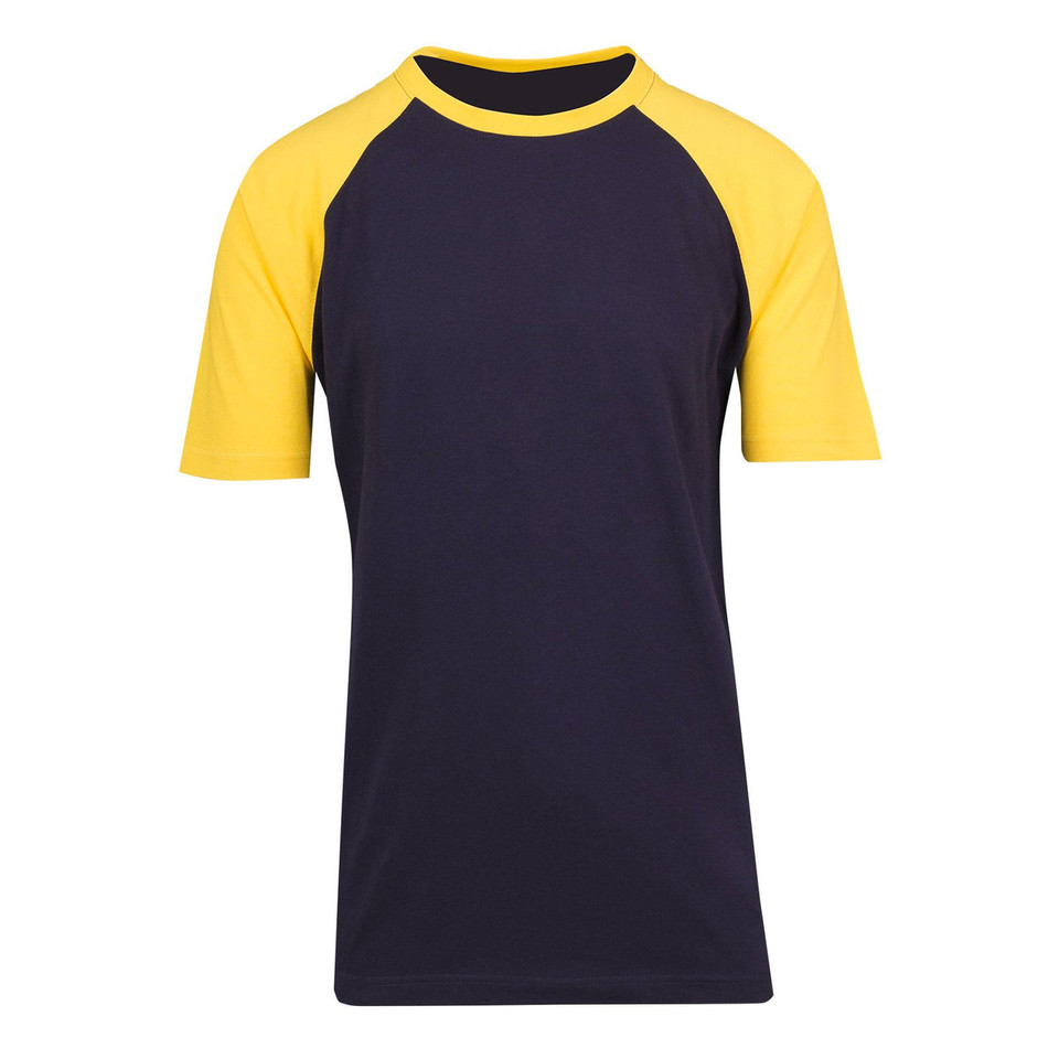 Navy body raglan tee with golden yellow contrast sleeves and neckline trim