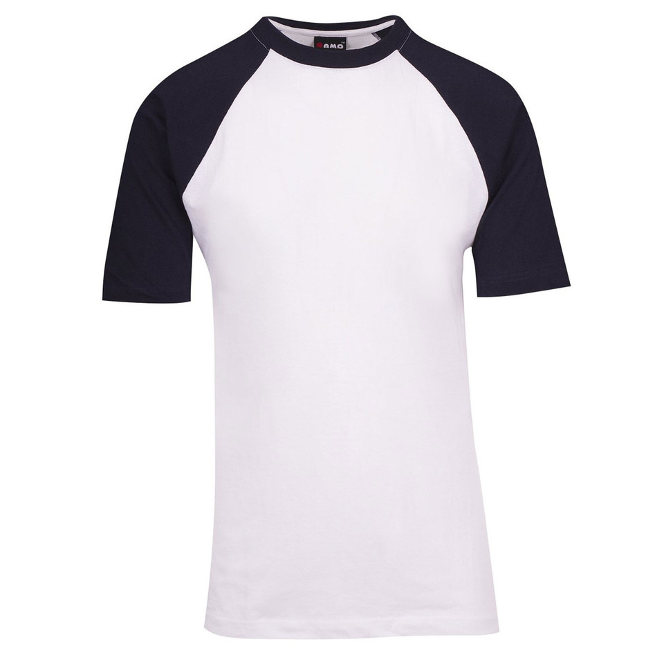White raglan t-shirt with navy sleeves and contrast crew neck