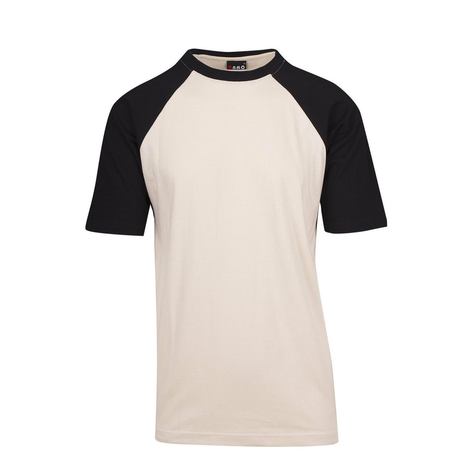 Natural raglan tee with black contrast sleeves and crew neck trim