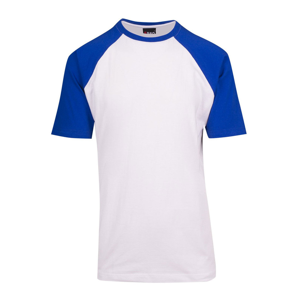 White cotton raglan tee with royal blue contrast sleeves and crew neck