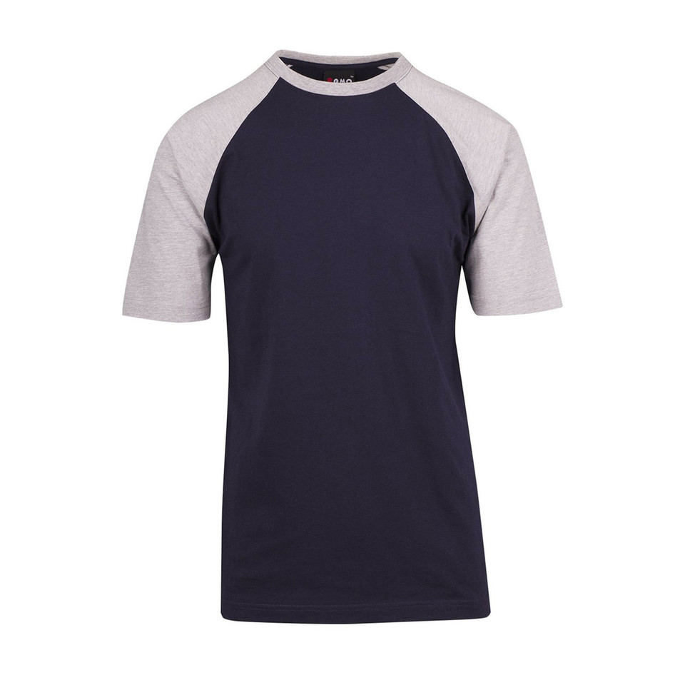 Navy body raglan tee with grey marle sleeves and contrast neckline trim