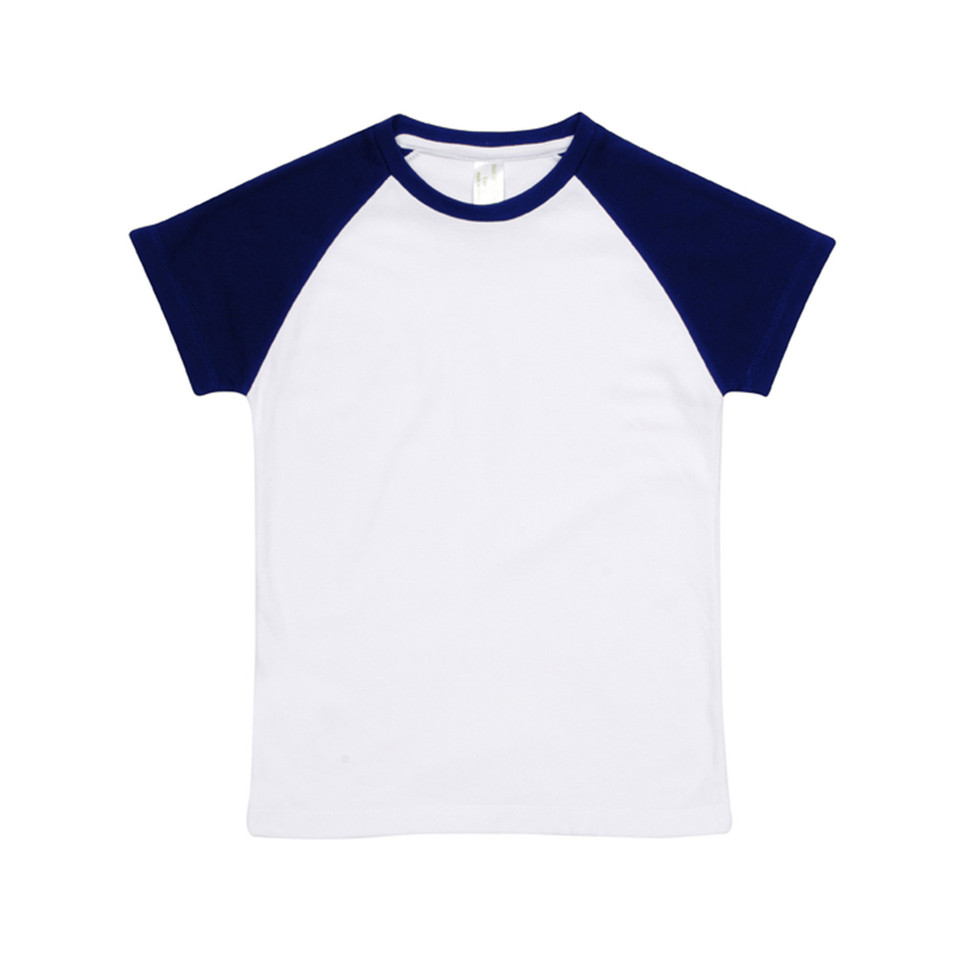 White organic cotton kids raglan tee with navy blue contrast sleeves and crew neck trim