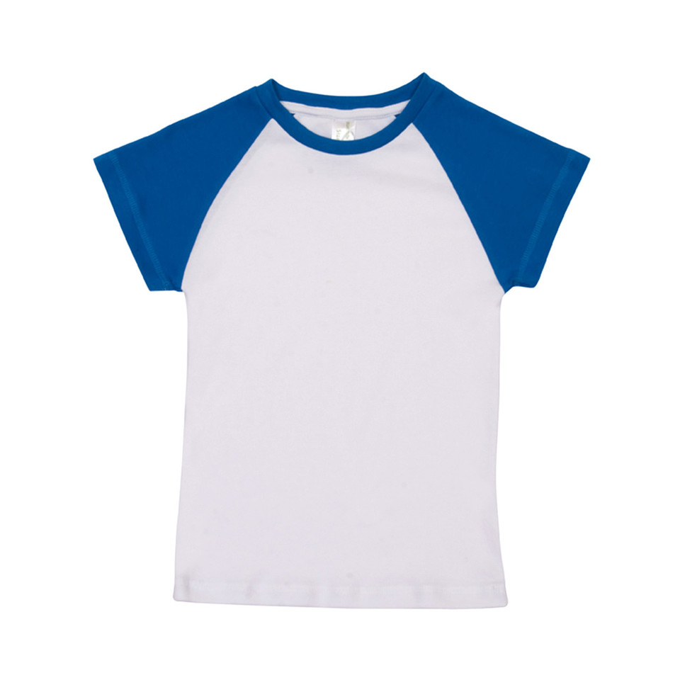 White organic raglan tee with royal blue contrast sleeves and neckline trim
