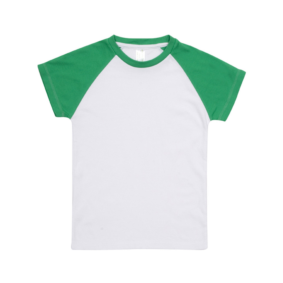 White organic cotton raglan tee with kelly green contrast sleeves and crew neck trim