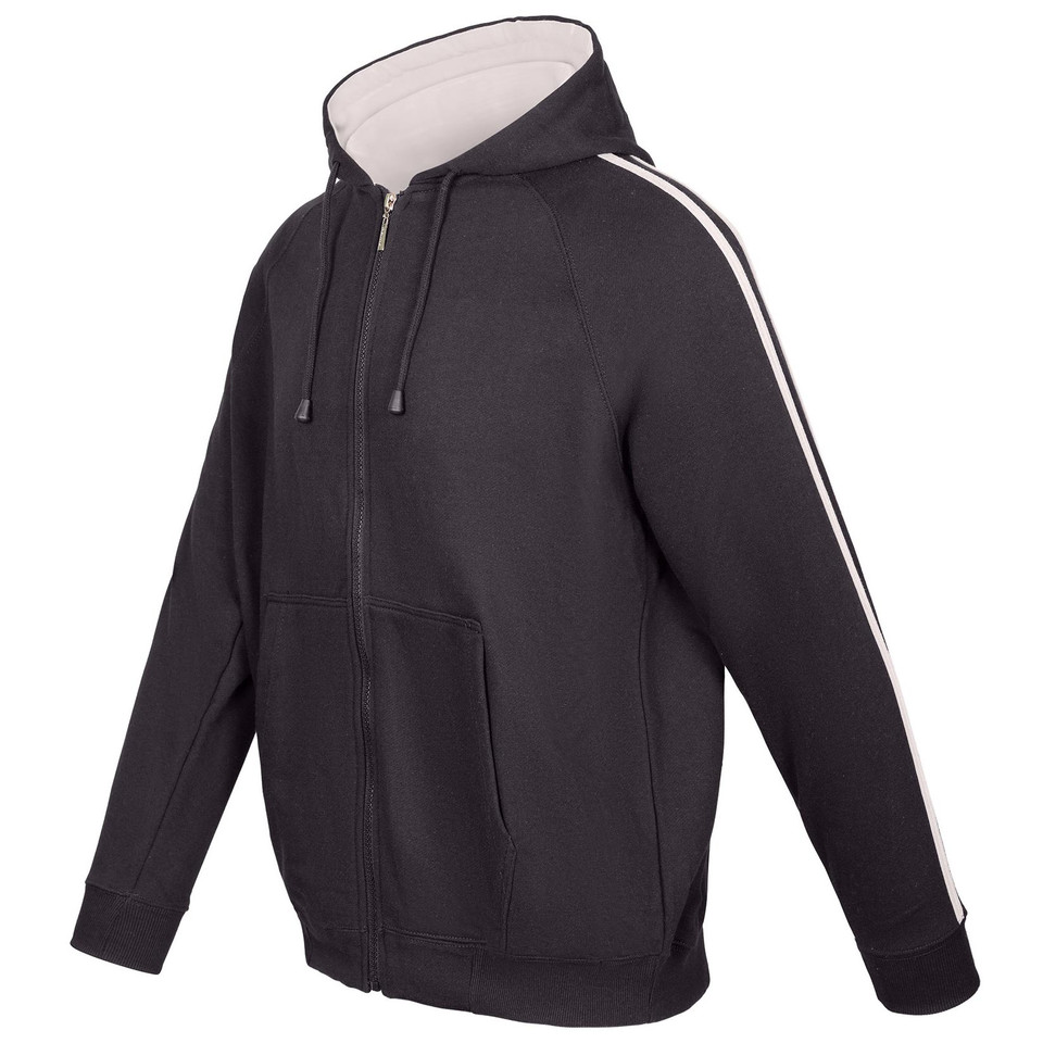 Charcoal zip-up hoodie with contrast grey lining and white twin stripe detail on sleeves