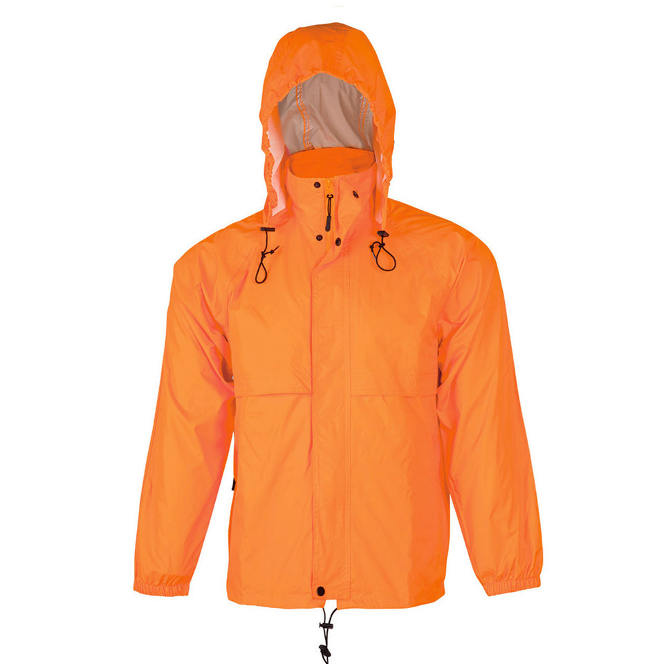 Bright orange hi-vis spray jacket with adjustable hood, front zip closure and elasticated cuffs