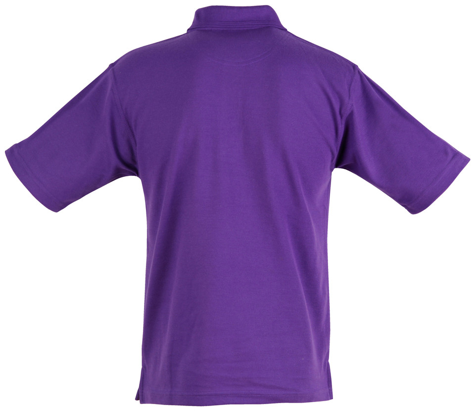 Purple pique polo shirt shown from back with ribbed collar and short sleeves