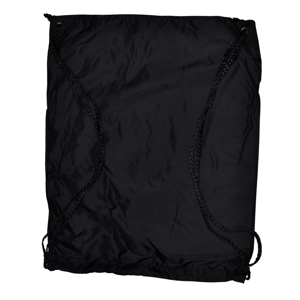 Black nylon drawstring backpack with braided cord straps and gold-tone metal eyelets, flat lay