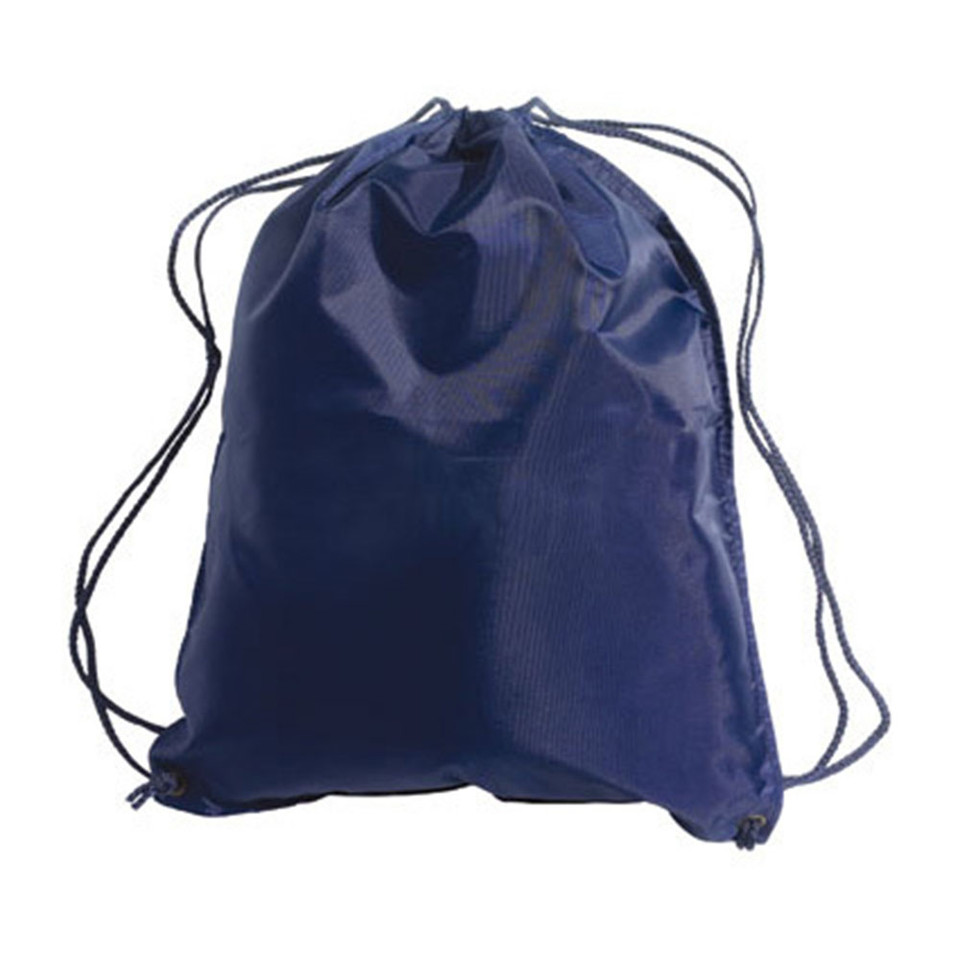 Navy blue nylon drawstring backpack with matching cord straps and cinched top opening