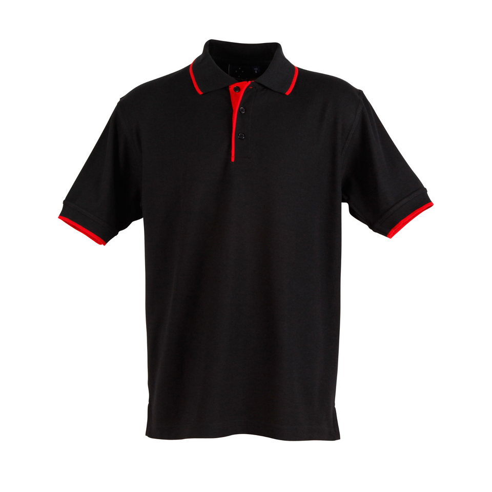 Black Red Plain Liberty men's short sleeve polo shirt in poly/cotton pique knit fabric, featuring contrast collar and cuffs, ideal for team uniforms and corporate branding.