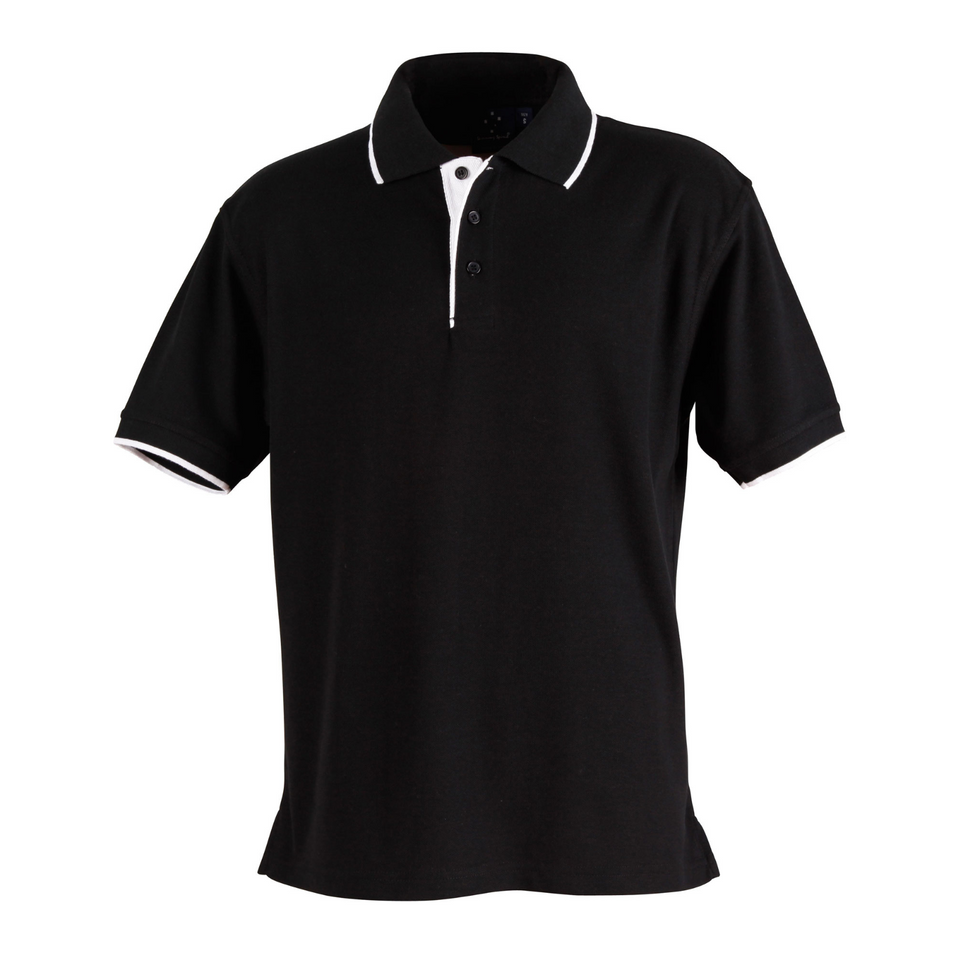 Black White Plain Liberty men's short sleeve polo shirt in poly/cotton pique knit fabric, featuring contrast collar and cuffs, ideal for team uniforms and corporate branding.