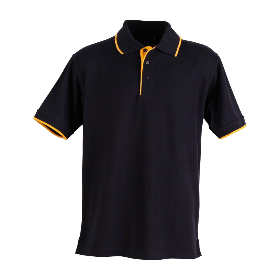Navy Gold Plain Liberty men's short sleeve polo shirt in poly/cotton pique knit fabric, featuring contrast collar and cuffs, ideal for team uniforms and corporate branding.