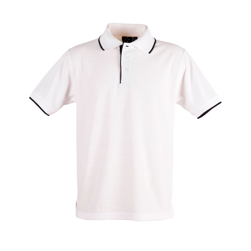 White Navy Plain Liberty men's short sleeve polo shirt in poly/cotton pique knit fabric, featuring contrast collar and cuffs, ideal for team uniforms and corporate branding.