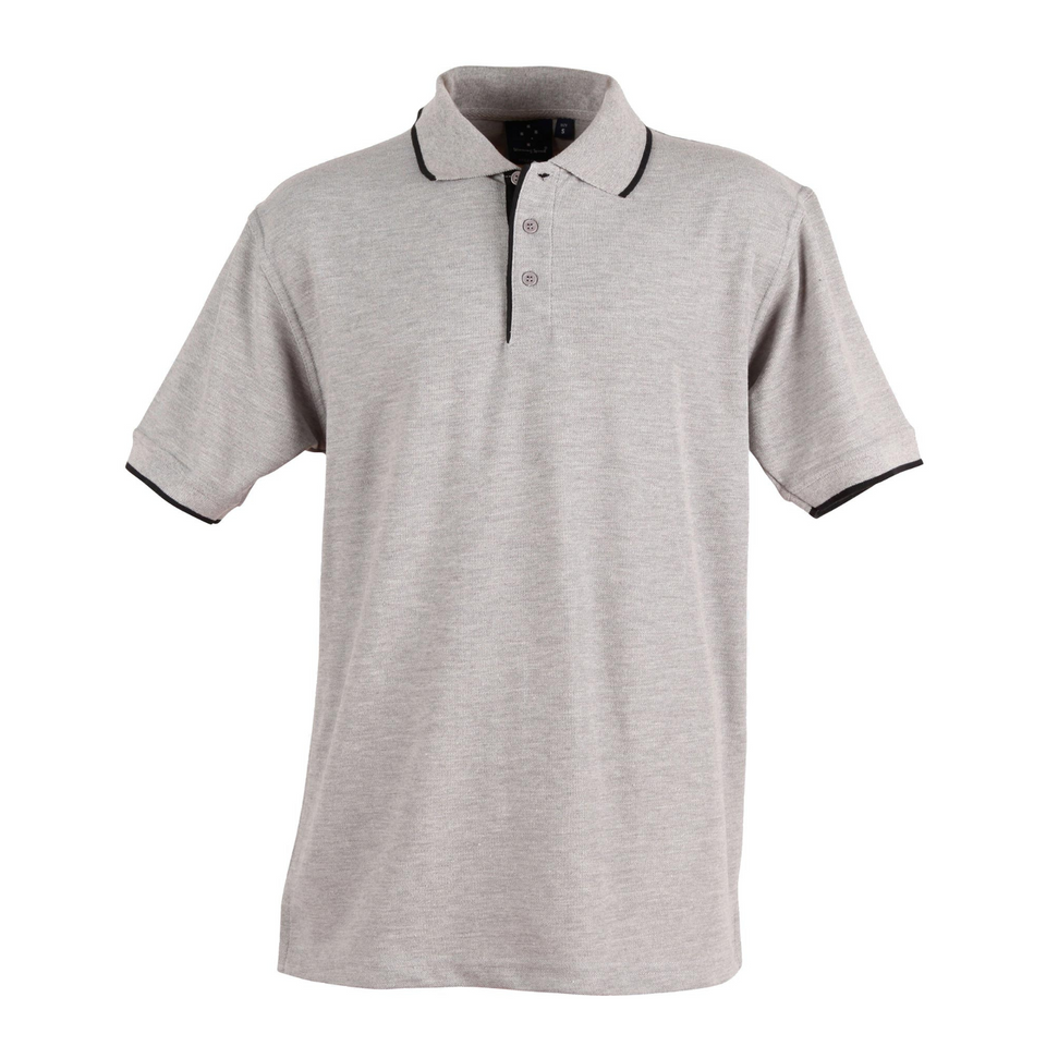 Grey Black Plain Liberty men's short sleeve polo shirt in poly/cotton pique knit fabric, featuring contrast collar and cuffs, ideal for team uniforms and corporate branding.