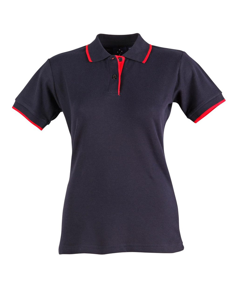 Navy women's polo shirt with red contrast tipping on collar, placket and sleeves