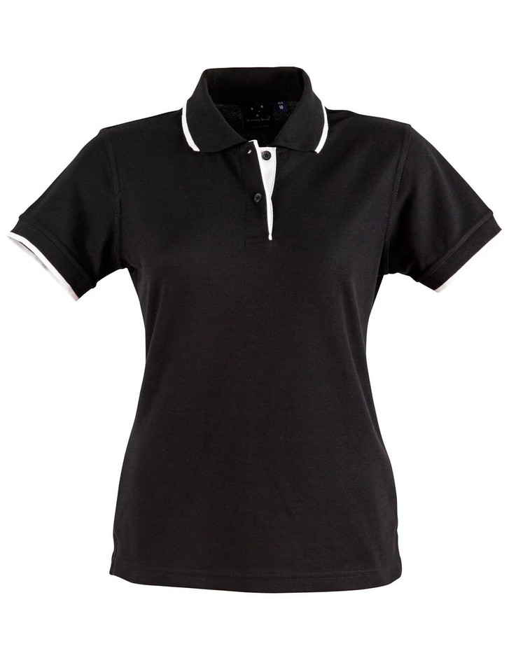 Black women's polo shirt with white contrast tipping on collar and placket