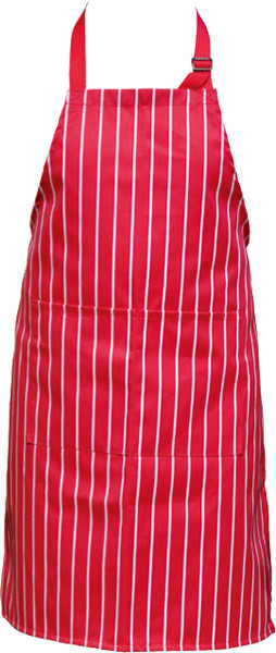 Red and white vertical striped bib apron with adjustable neck strap and front pocket