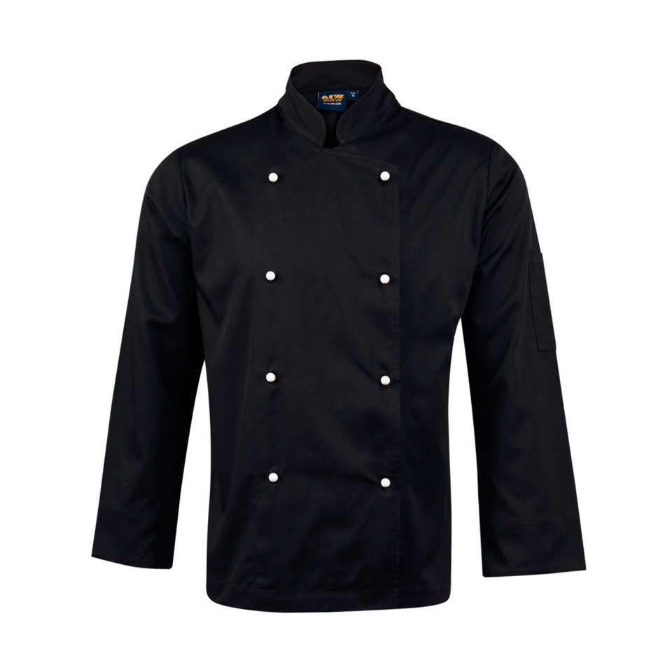 Black MARCEL Professional Double Breasted Chef Jacket in white, featuring a classic mandarin collar, long sleeves with turn-back cuffs, and durable 8-button closure for professional kitchen environments.
