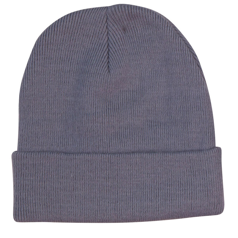 Slate grey ribbed knit beanie with wide turned-up cuff and classic fit