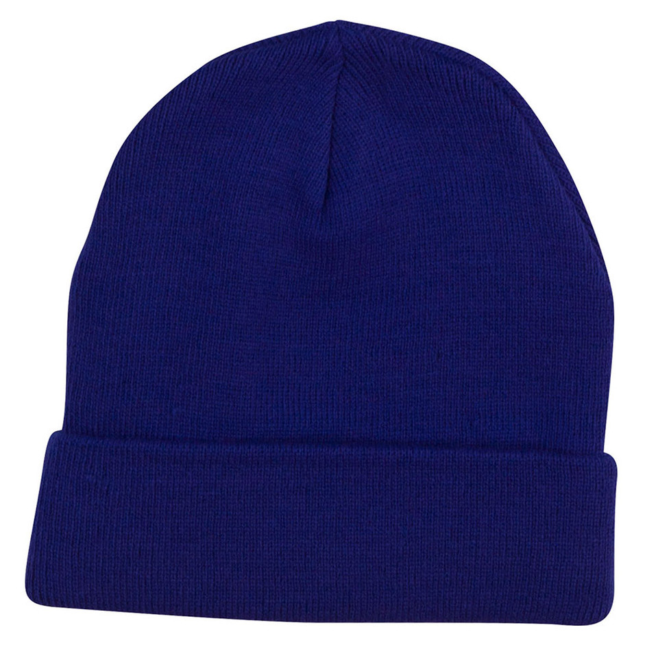 Navy blue ribbed knit beanie with wide fold-up cuff