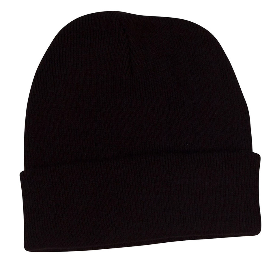 Black ribbed knit beanie with wide turn-up cuff and classic fit