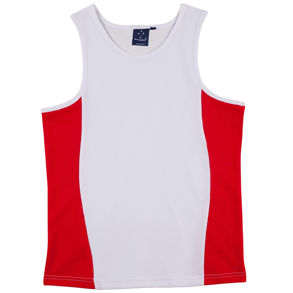 White athletic singlet with red side panels and round neckline, flat lay packshot