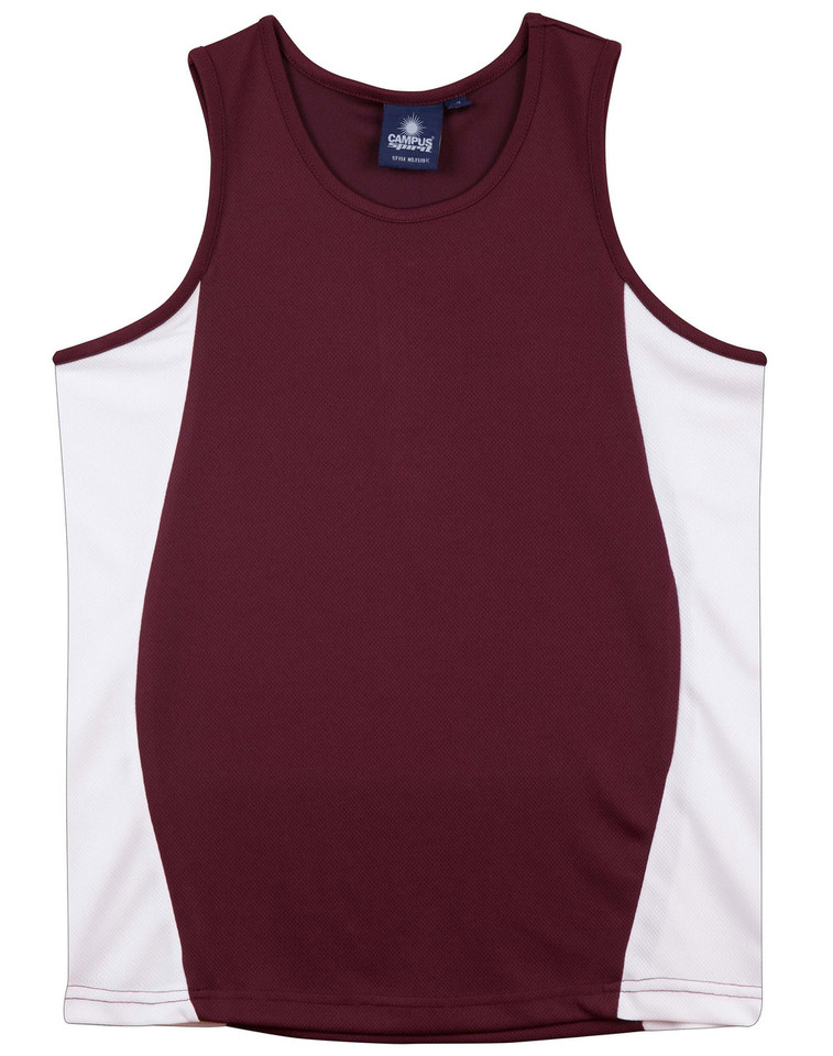Maroon and white contrast panel sports singlet with crew neckline and athletic fit