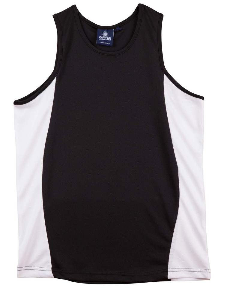 Black and white contrast panel sports singlet with curved hem and racer back construction