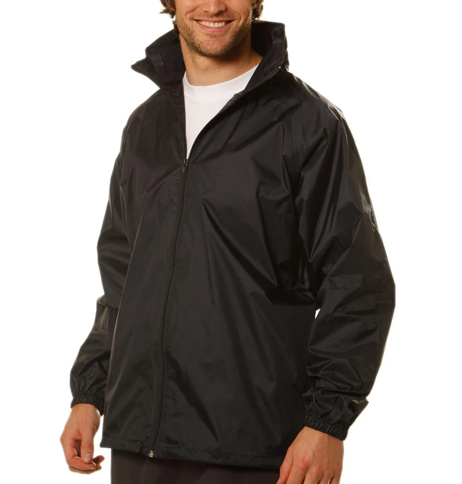 Black waterproof rain jacket with hood and elastic cuffs, front zip closure and side pockets visible