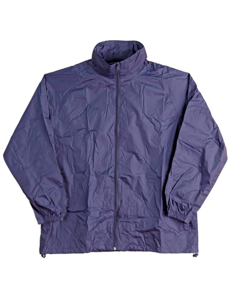 Navy blue foldaway rain jacket with stand collar, full zip closure, and elasticated cuffs