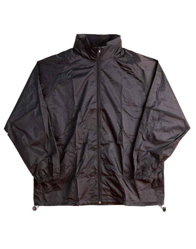 Black lightweight rain jacket with stand collar, full zip closure and adjustable hem cords