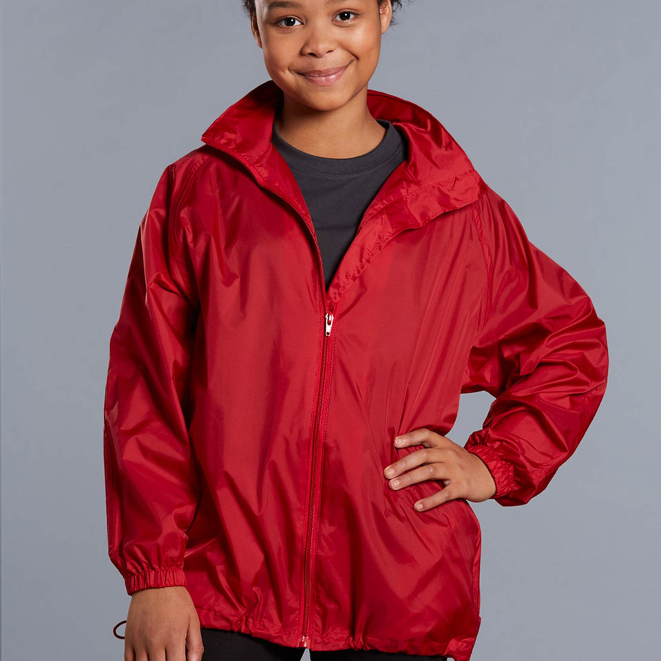 Bright red kids rain jacket with hood and full zip front on grey background
