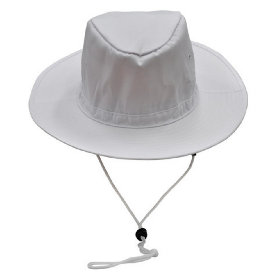White Plain Prospect slouch hat (bucket style) made from durable poly-cotton twill, featuring a firm brim, chin strap, and UPF 50+ excellent sun protection.