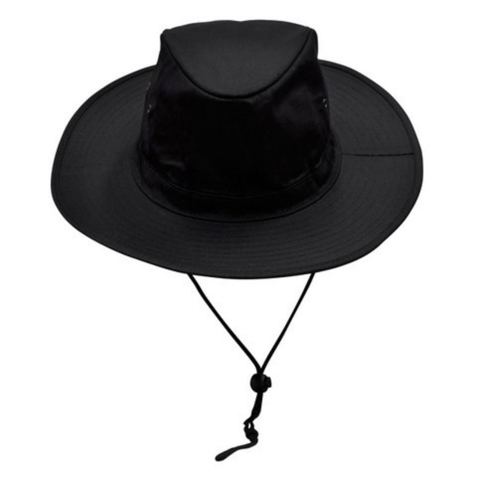 Black Plain Prospect slouch hat (bucket style) made from durable poly-cotton twill, featuring a firm brim, chin strap, and UPF 50+ excellent sun protection.
