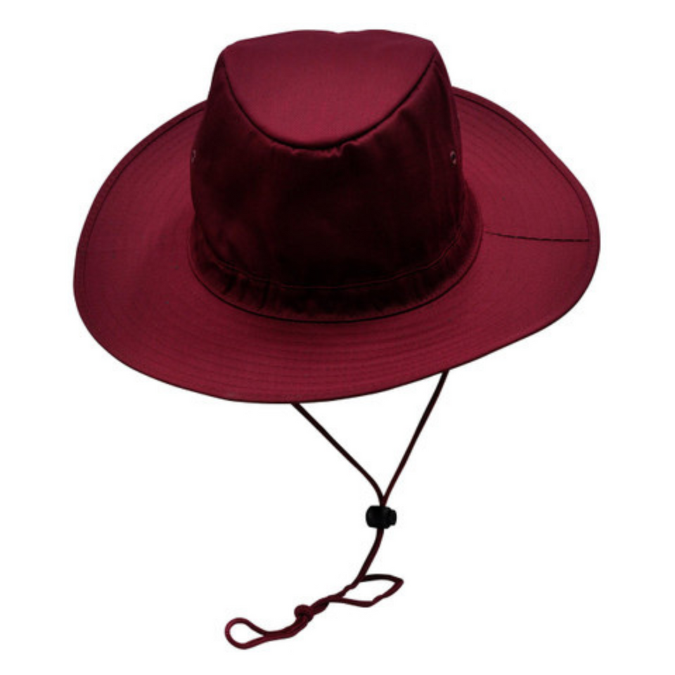 Maroon Plain Prospect slouch hat (bucket style) made from durable poly-cotton twill, featuring a firm brim, chin strap, and UPF 50+ excellent sun protection.