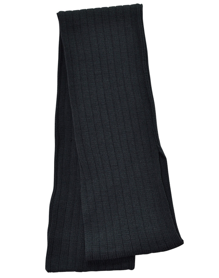 Black cable knit scarf with ribbed texture displayed folded against white background