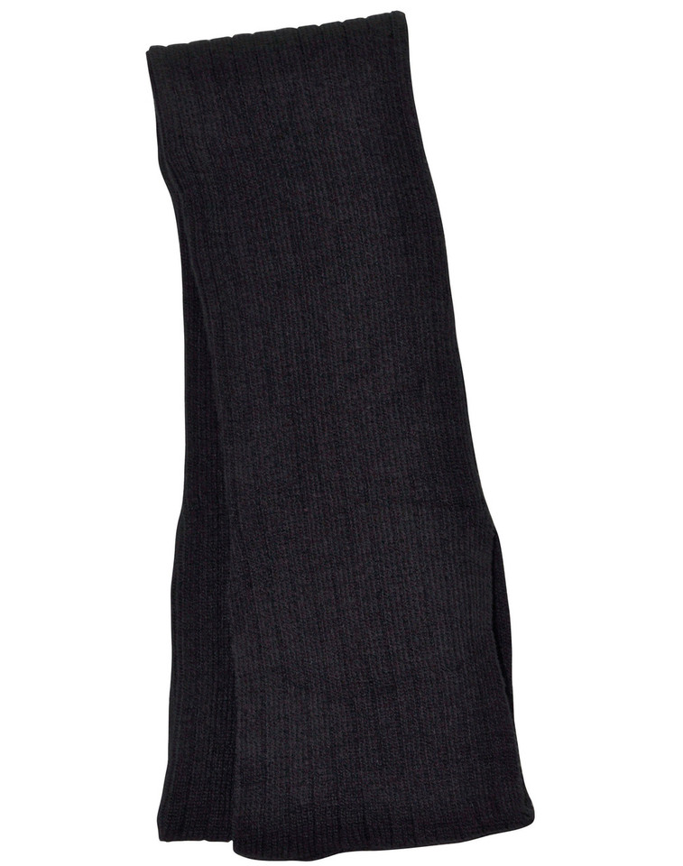Charcoal ribbed knit scarf folded flat showing uniform texture and generous length