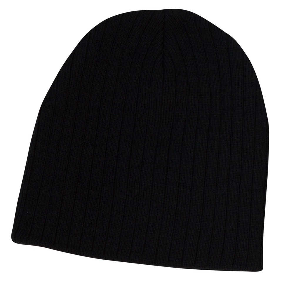 Black cable knit beanie with ribbed texture and slouchy fit