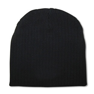 Black cable knit beanie with ribbed texture and classic slouchy fit