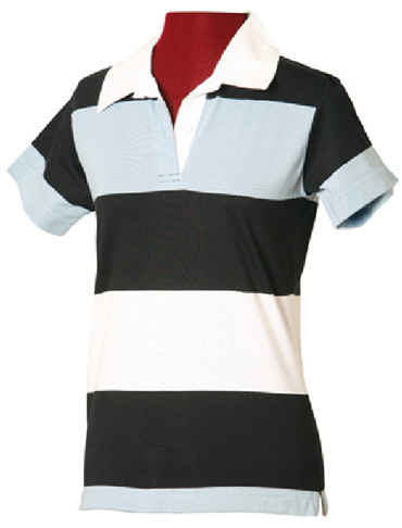 Women's short sleeve rugby polo with bold black, white and sky blue horizontal stripes and white collar