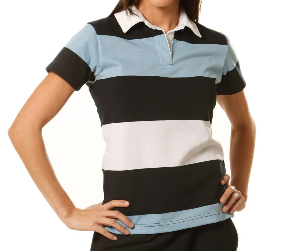 Women's short sleeve rugby polo with black, sky blue and white wide horizontal stripes and white collar